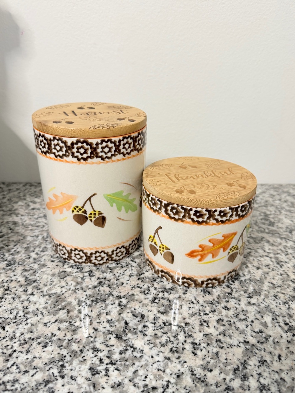 Temptations Autumn Acorn & Leaf Ceramic Canister Set with Bamboo Lids